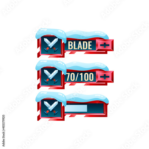 set of snow winter christmas game ui blade sword fighting power ups skill with numeric and load bar additional panel for gui asset elements vector illustration