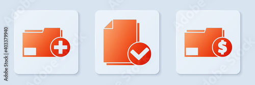 Set Document and check mark, Add new folder and Finance document folder. White square button. Vector.
