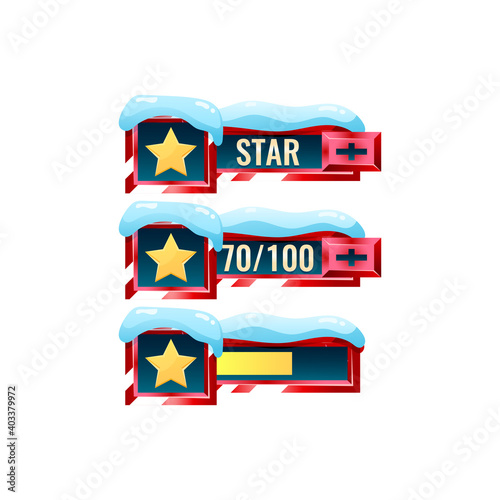 set of snow winter christmas game ui star bar with numeric and progress bar additional panel for gui asset elements vector illustration