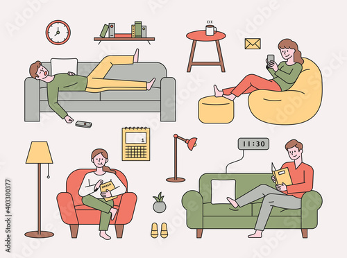 People are resting on various types of sofas. Sleeping, reading books, watching TV, and using mobile phones. flat design style minimal vector illustration.