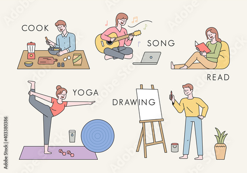 People who do hobbies. People who cook, play guitar, read books, do yoga, and draw. flat design style minimal vector illustration.