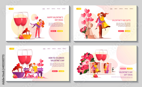 Set of web pages for Happy Valentine's Day with young couples in love and romantic items. Relationship, Love, Valentine's day, Romantic concept. Vector illustration for banner, poster, website.