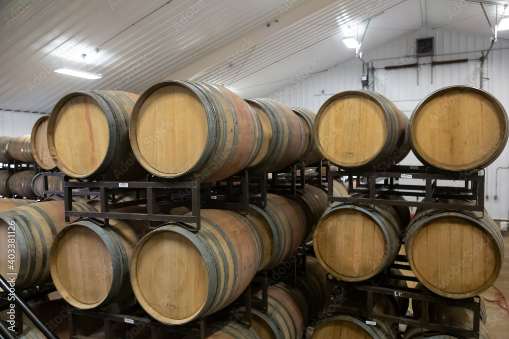 A Clean Industrial Lighted Warehouse with Stacked Rows of French Oak Wine Barrels, Cement Floor