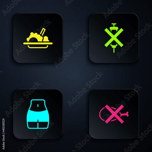 Set No meat, Healthy food, Women waist and doping syringe. Black square button. Vector.