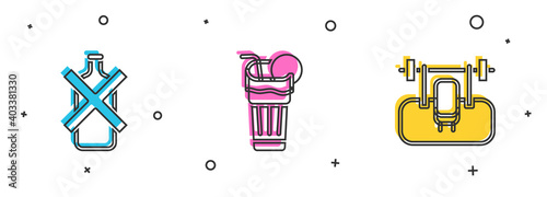 Set No alcohol, Fresh smoothie and Bench with barbel icon. Vector.