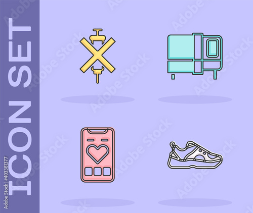Set Sport sneakers, No doping syringe, Mobile with heart rate and Bed icon. Vector.