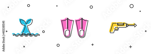 Set Whale tail in ocean wave, Rubber flippers and Fishing harpoon icon. Vector.