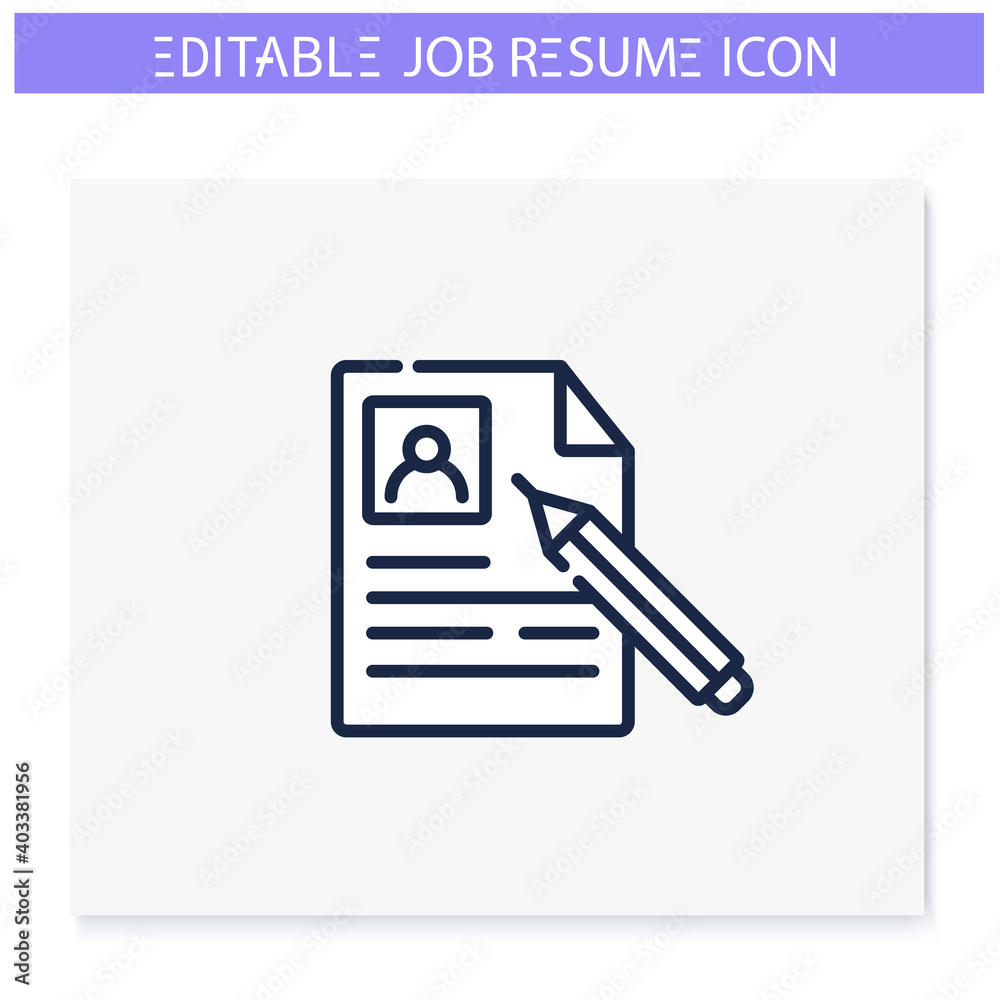 Job resume line icon. CV letter, document, list. Personal recruitment information. Career biography. Job search, employment, career growth concept. Isolated vector illustration. Editable stroke Job resume line icon. CV letter, document, list. Personal recruitment information. Career biography. Job search, employment, career growth concept. Isolated vector illustration. Editable stroke