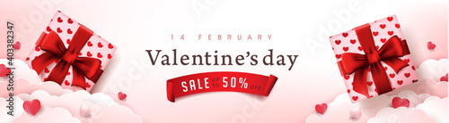  Valentine's day sale poster or banner red backgroud with gift box and heart