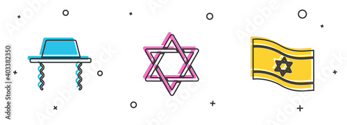 Set Orthodox jewish hat, Star of David and Flag Israel icon. Vector.
