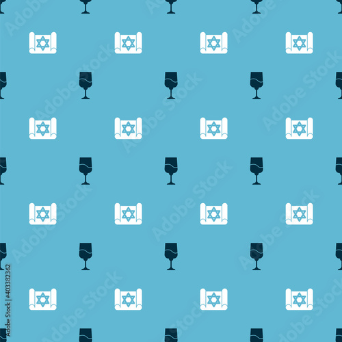Set Jewish goblet and Torah scroll on seamless pattern. Vector.