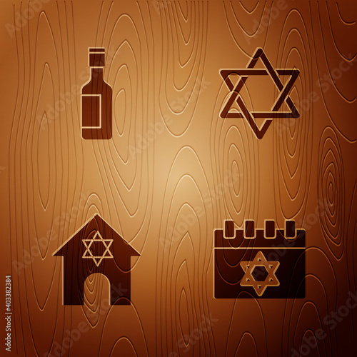 Set Jewish calendar, wine bottle, synagogue and Star of David on wooden background. Vector.