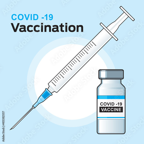 Vaccination, Covid-19 coronavirus vaccine. Syringe and vaccine vial flat icons. Treatment for coronavirus covid-19. Isolated vector illustration