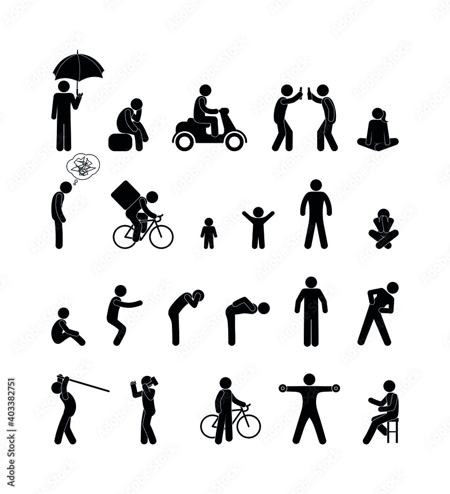 set of silhouettes of people in different situations, stick figure man sits, stands, holds zones and rides a bicycle, isolated pictograms