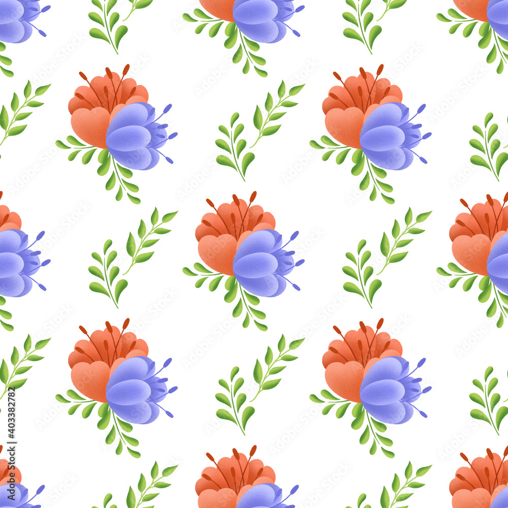Seamless pattern with red and purple flowers on white background. Brunches. For print textile, wrapping paper. Scrapbooking. Summer wallpaper.