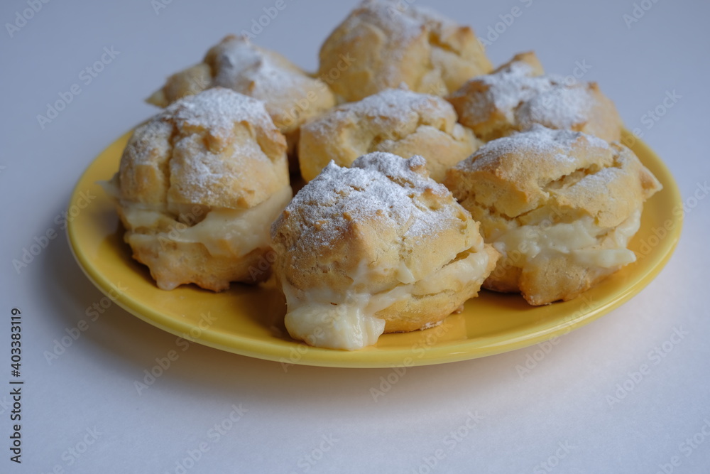 Shu cake. homemade shu cake with vanilla custard inside. Shu cake. homemade shu cake with vanilla custard inside.