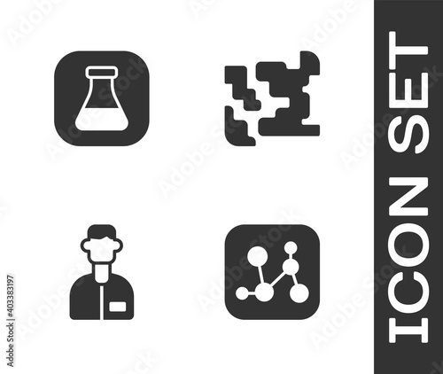 Set Chemical formula, Test tube and flask, Laboratory assistant and Gaseous icon. Vector.