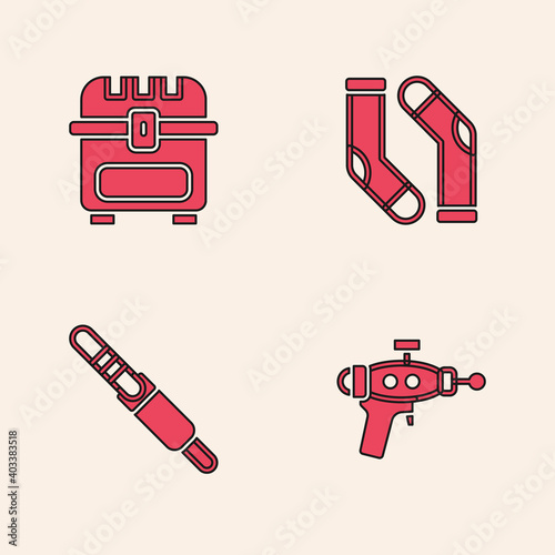 Set Ray gun, Antique treasure chest, Socks and Audio jack icon. Vector.
