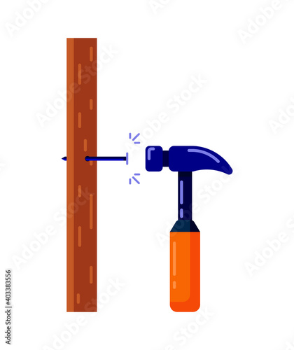 A hammer drives a nail into a block of wood. Vector stock illustration in flat design