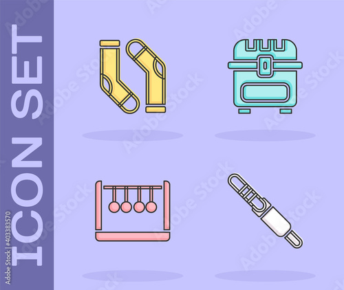 Set Audio jack, Socks, Pendulum and Antique treasure chest icon. Vector.