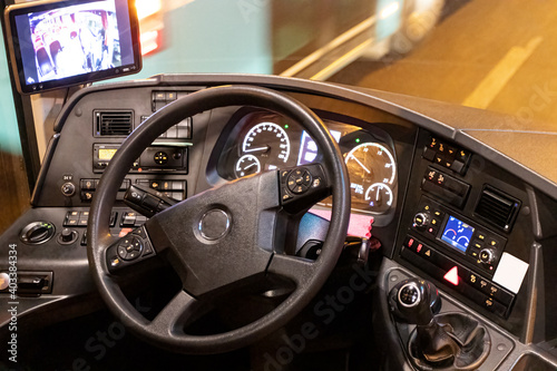 Intercity bus dashboard equipped with a video surveillance system monitor