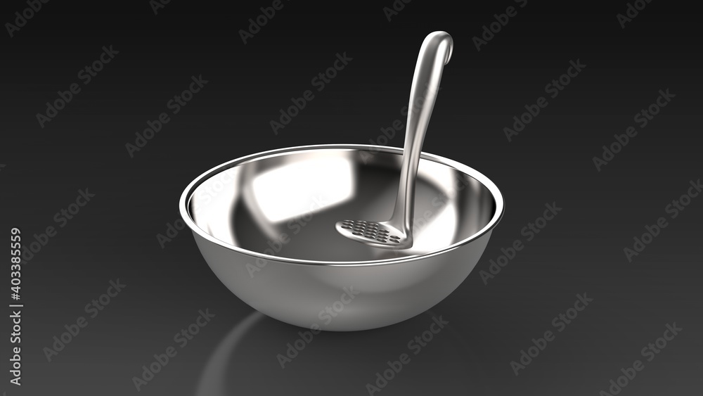 potato masher and bowl black background one center front 3D Render potato masher and bowl black background one center front 3D Render
