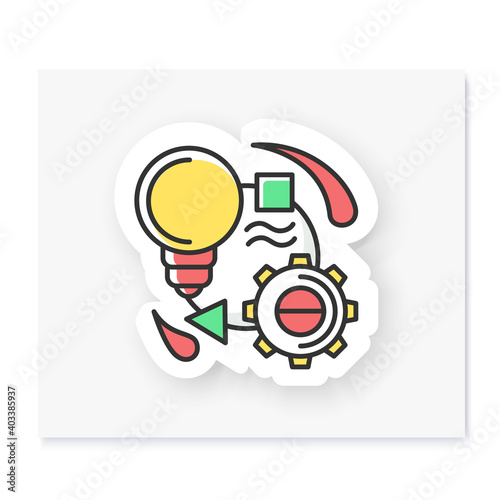 Creative process patch. Light bulb, gear and agile work flow badge for designs. Custom sticker. Concept of creativity. Project management and art industry production vector emblem