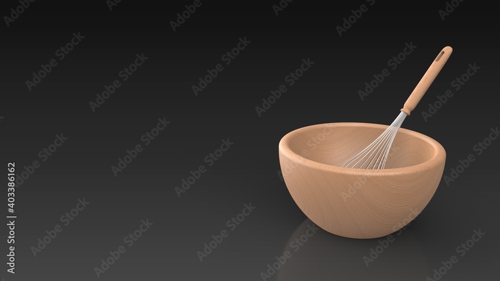 whisk and wood bowl black background one right front 3D Render whisk and wood bowl black background one right front 3D Render