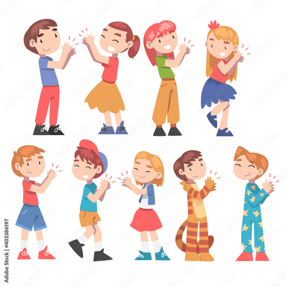 Cute Little Boys and Girls Clapping their Hands Set, Happy Kids Expressing Enjoyment, Appreciation, Delight Cartoon Style Vector Illustration