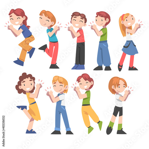 Cute Kids Clapping their Hands Set, Happy Children Applauding Expressing Enjoyment, Appreciation, Delight Cartoon Style Vector Illustration
