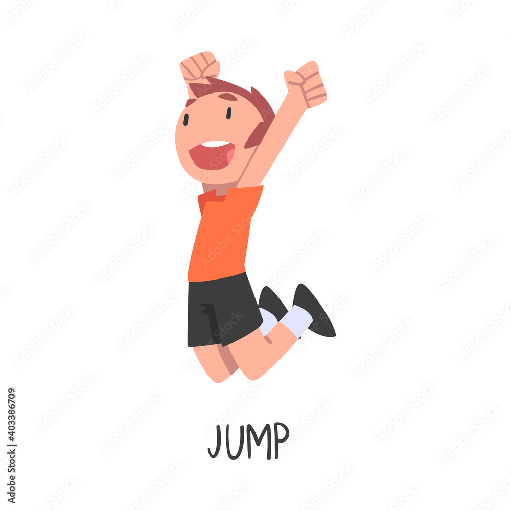 Jump Word, the Verb Expressing the Action, Children Education Concept, Cute Jumping Boy Cartoon Style Vector Illustration