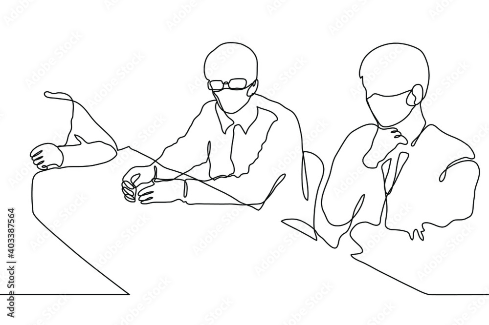men in masks and office clothes are sitting at a long table, thinking and reflecting. one line drawing concept of brainstorming, generating ideas and new creative solutions men in masks and office clothes are sitting at a long table, thinking and reflecting. one line drawing concept of brainstorming, generating ideas and new creative solutions