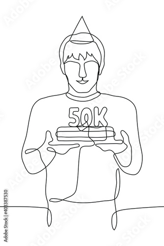 content writer celebrates a round number of followers, subscribers, patrons. one line drawing of a young man in a cap holding a cake with candles in the shape of "50K" which means he has 50 thousands 