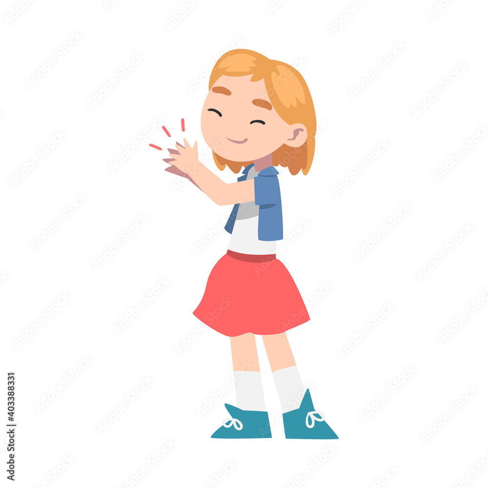 Cute Happy Little Girl Clapping her Hands, Adorable Girl in Dress Expressing Enjoyment, Appreciation, Delight Cartoon Style Vector Illustration