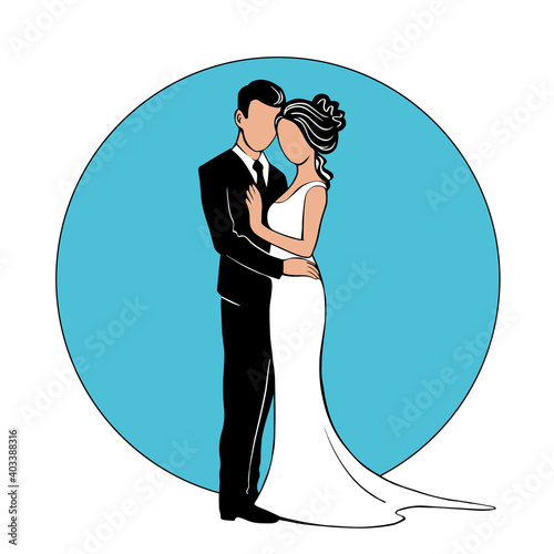 Silhouette of the bride and groom. Beautiful newlywed couple stand together in an embrace. Template for decorating wedding cards and invitations. Vector isolated illustration in a round frame.