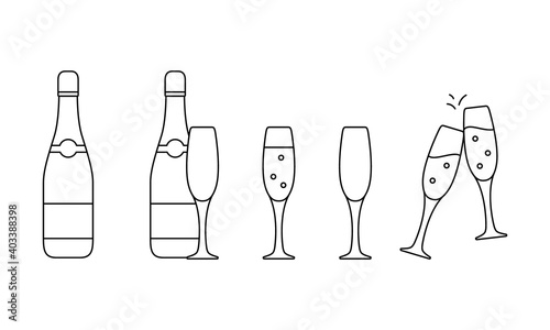 Champagne. Linear icons set. Bottle, clinking glasses. Black simple illustration of . Contour isolated vector pictogram on white background