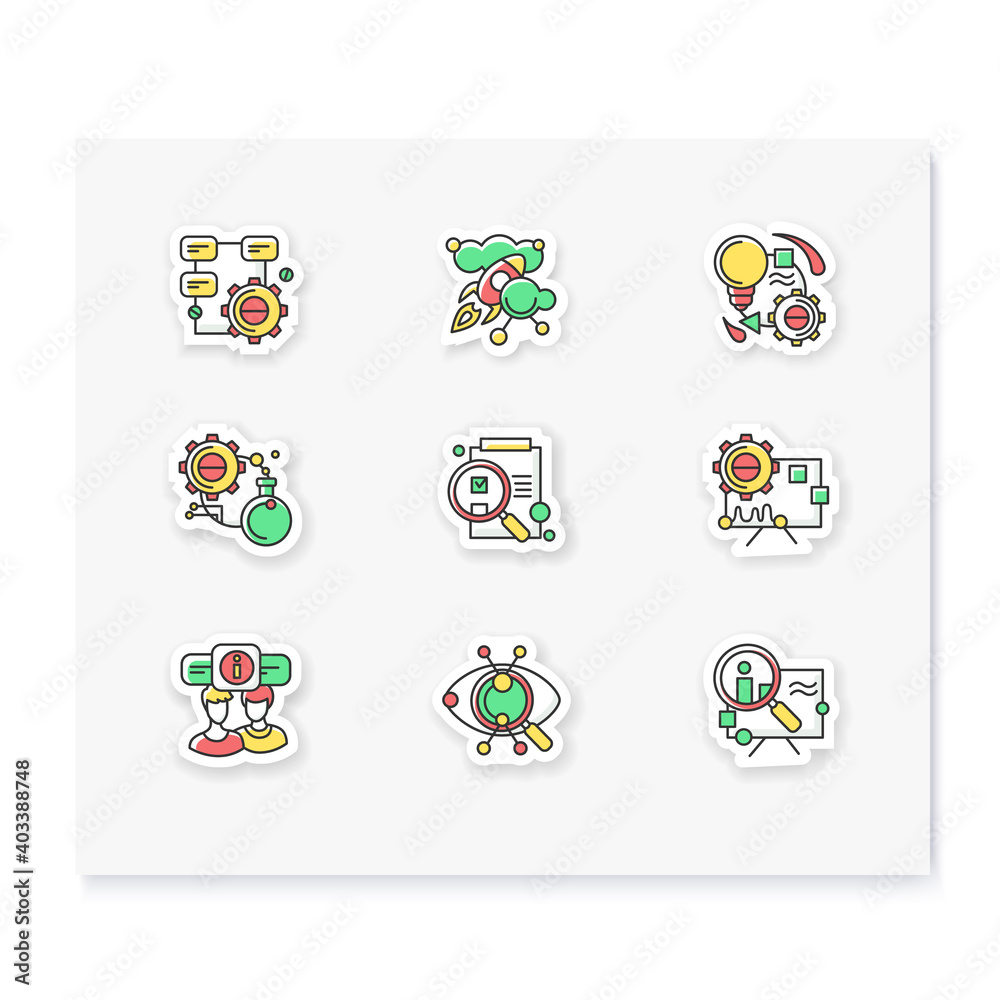 Creative process patch set. Badge collection for design and development process stages, from idea to final product. Custom stickers. Vector emblems for project management