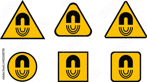 6 different types of magnetic field warning signs on black and yellow background, easily editable EPS
