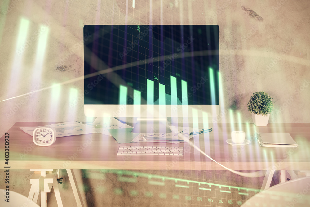 Multi exposure of financial graph drawing and office interior background. Concept of market analysis. Multi exposure of financial graph drawing and office interior background. Concept of market analysis.