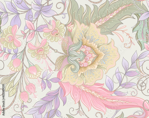 Seamless pattern with stylized ornamental flowers in retro, vintage style. Jacobin embroidery. Colored vector illustration isolated on white background.