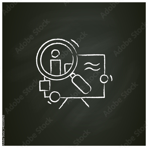 Research chalk icon. Magnifier over data sketch. Concept of project design, product analytics and technical solution choice. Isolated vector illustration on chalboard for web and creative industry