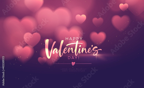 Bokeh Blurred Heart Shape Shiny Luxurious Background for Valentines Day congratulations. Handwriting lettering Happy Valentines Day. Vector illustration