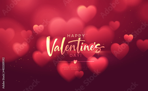 Bokeh Blurred Heart Shape Shiny Luxurious Background for Valentines Day congratulations. Handwriting lettering Happy Valentines Day. Vector illustration