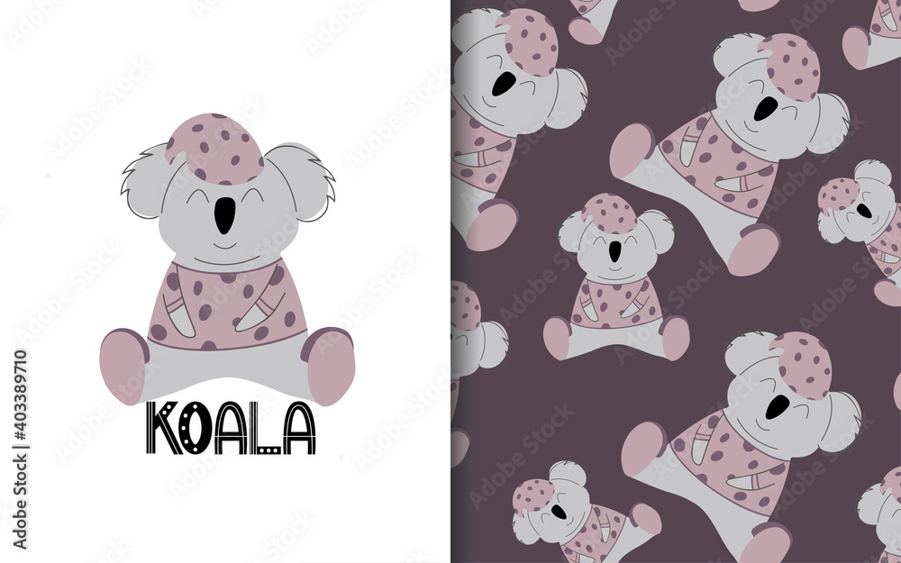 Koala in pink pajamas. Set of vector seamless backgrounds and illustrations. Children's illustrations in cartoon hand-drawn style for printing on clothes, interior design, packaging, printing. Koala in pink pajamas. Set of vector seamless backgrounds and illustrations. Children's illustrations in cartoon hand-drawn style for printing on clothes, interior design, packaging, printing.
