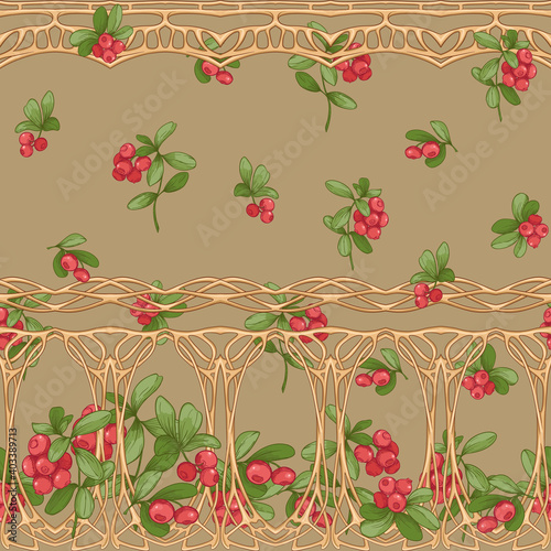 Cranberry in a decorative imitation of a wicker basket made of twigs. Seamless pattern, background. Graphic drawing, engraving style. Vector illustration on kraft background..