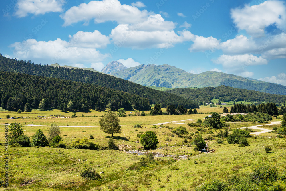 View of the countryside with the Pyrenees mountains
