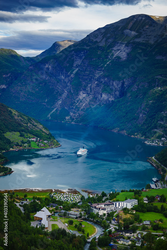 Fjord Geirangerfjord with cruise ship  Norway.