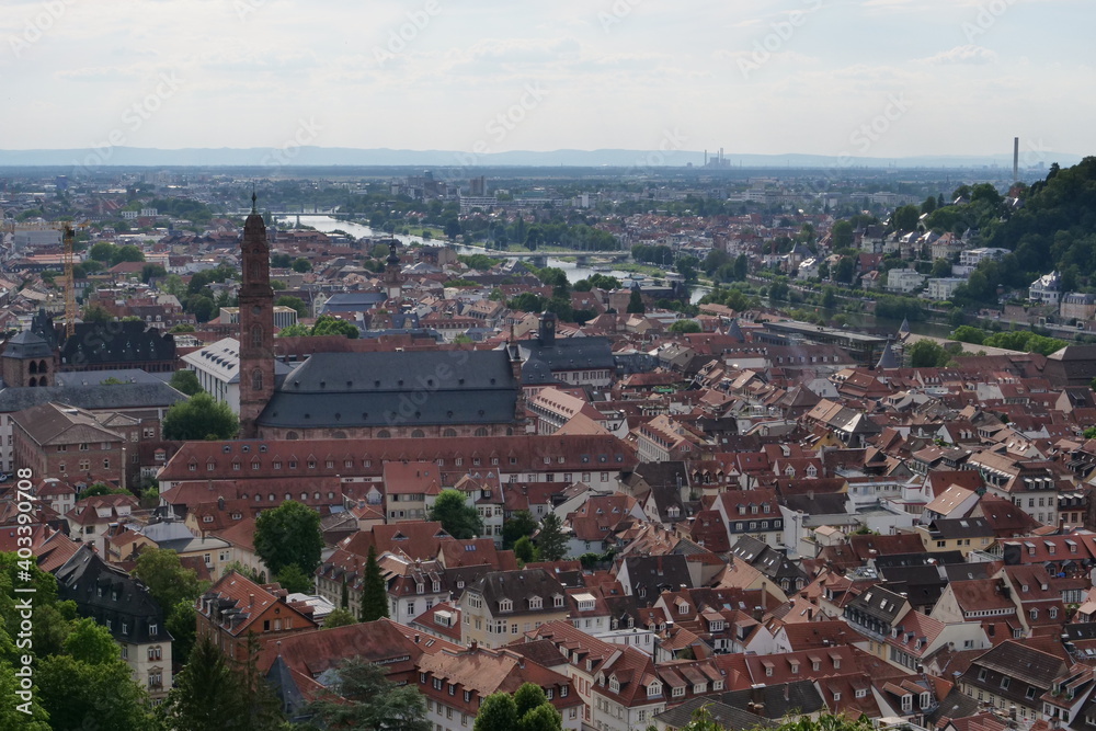 View from Heidelberg Castle on to the Cityscape of Heidelberg, Germany on a sunny day