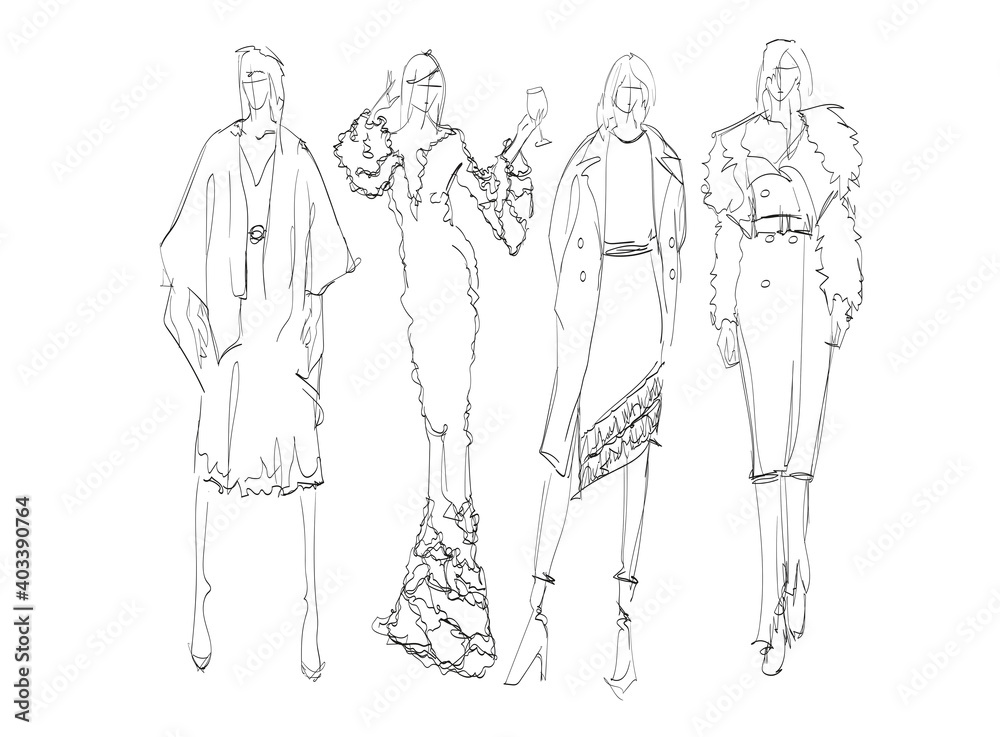 Obraz premium Beautiful young women in modern style.. Hand drawn stylish woman portrait. Fashion lady. Autumn outfit. Sketch set. Fashion model posing in coat. Hand drawn fashion woman.