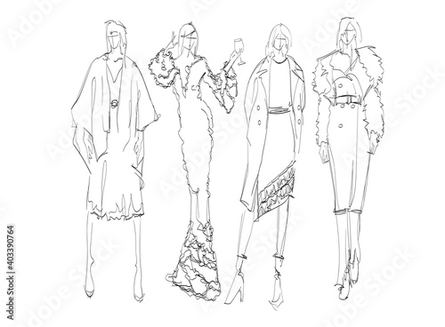 Beautiful young women in modern style.. Hand drawn stylish woman portrait. Fashion lady. Autumn outfit. Sketch set. Fashion model posing in coat. Hand drawn fashion woman.